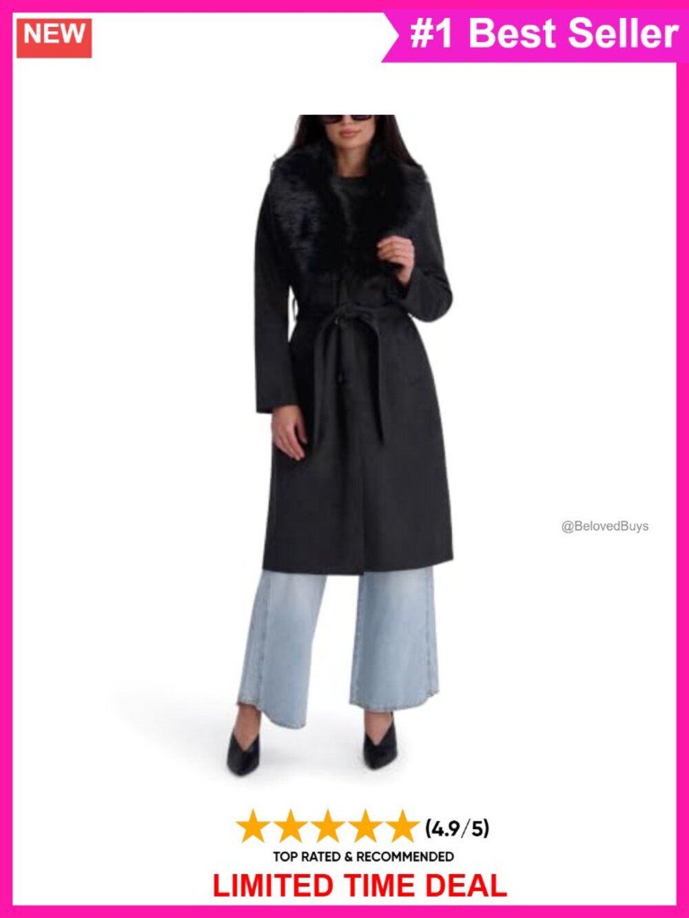 Faux Leather Faux Fur Belted Trench Coat Button Notched Collar Fall